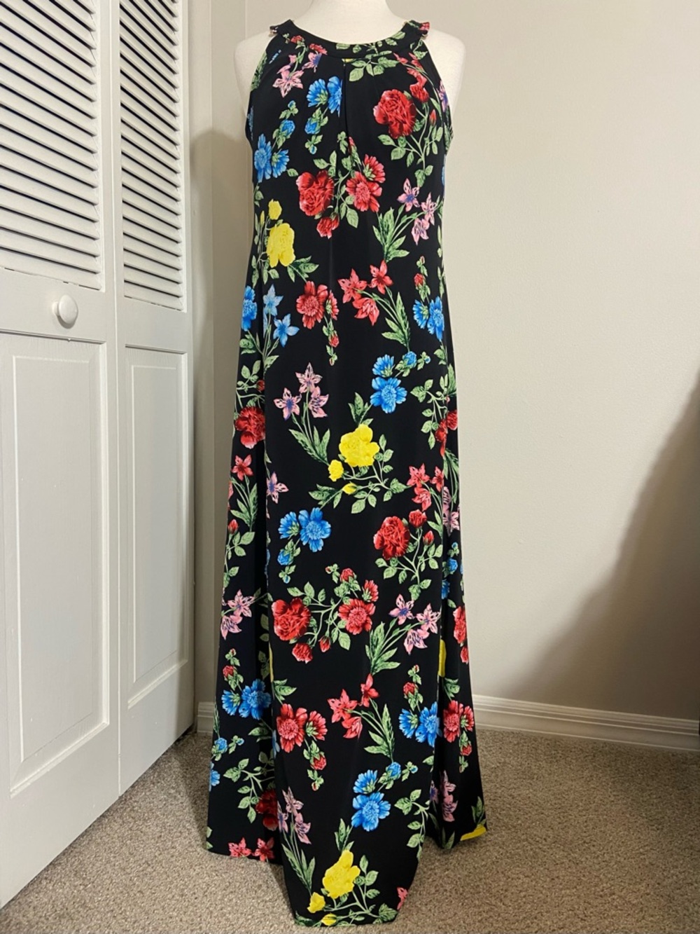 Calvin Klein Black Florals Flared A-Line Maxi Dress M Medium